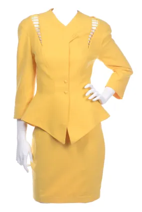 1980s Thierry Mugler Paris Vintage Yellow Skirt & Peplum Blazer Suit W/ Cutwork