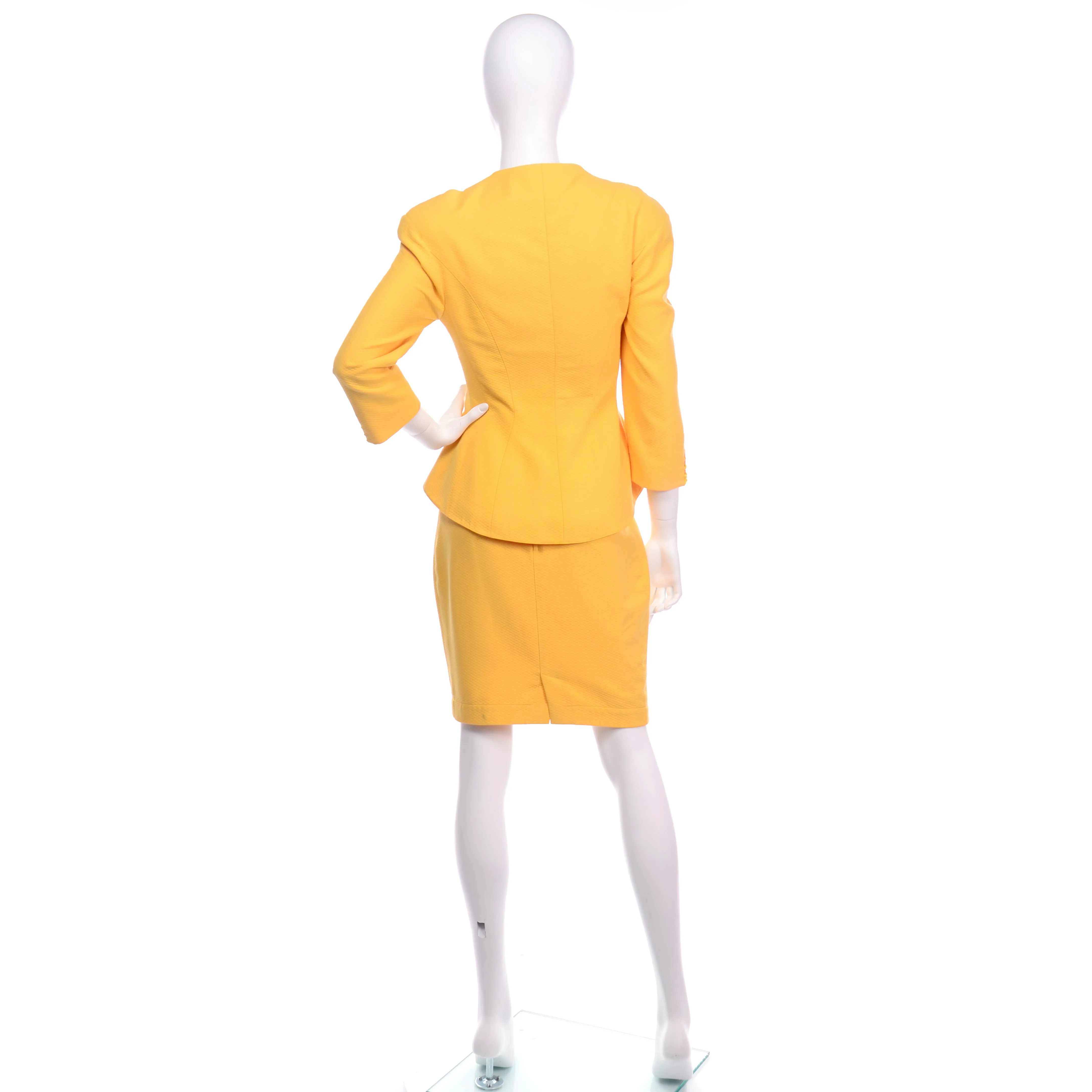 1980s Thierry Mugler Paris Vintage Yellow Skirt & Peplum Blazer Suit W/ Cutwork