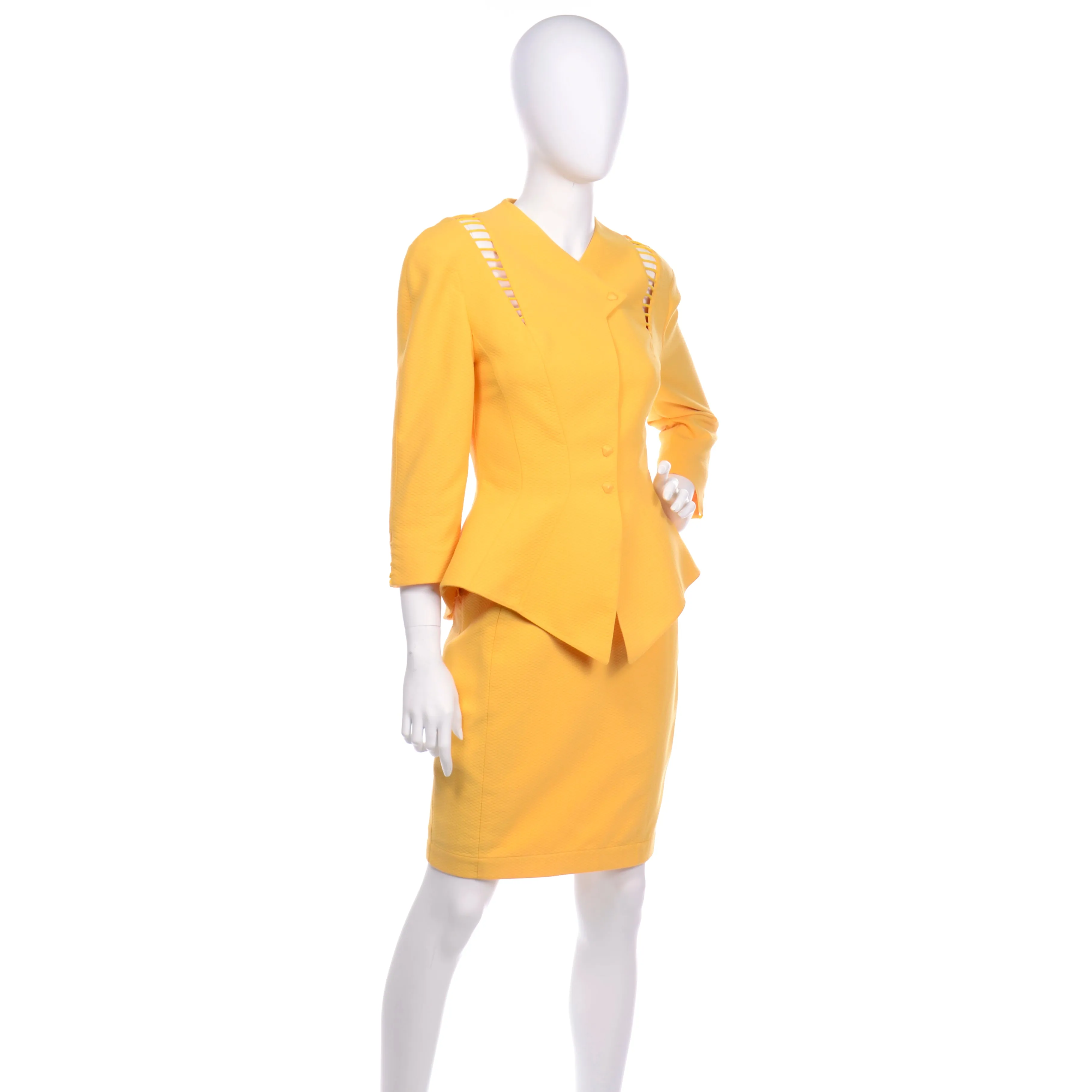 1980s Thierry Mugler Paris Vintage Yellow Skirt & Peplum Blazer Suit W/ Cutwork