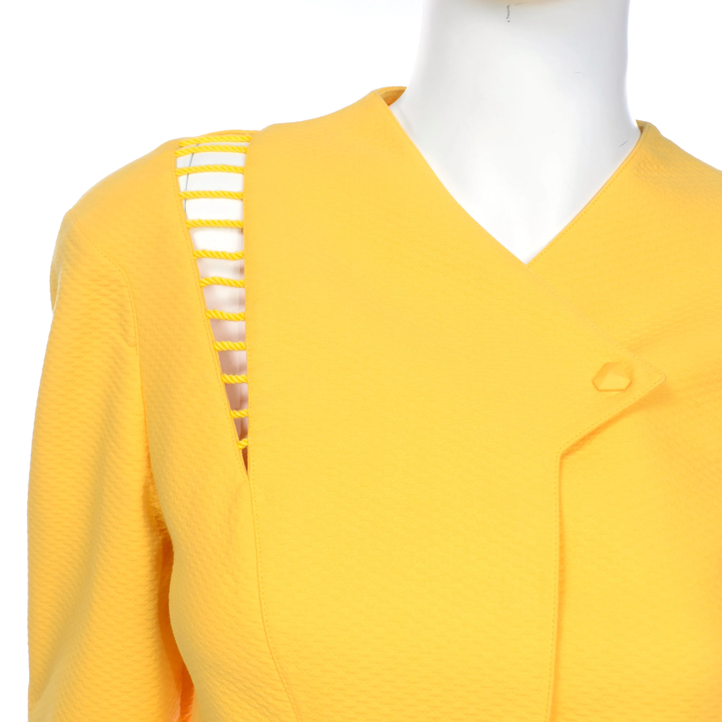 1980s Thierry Mugler Paris Vintage Yellow Skirt & Peplum Blazer Suit W/ Cutwork