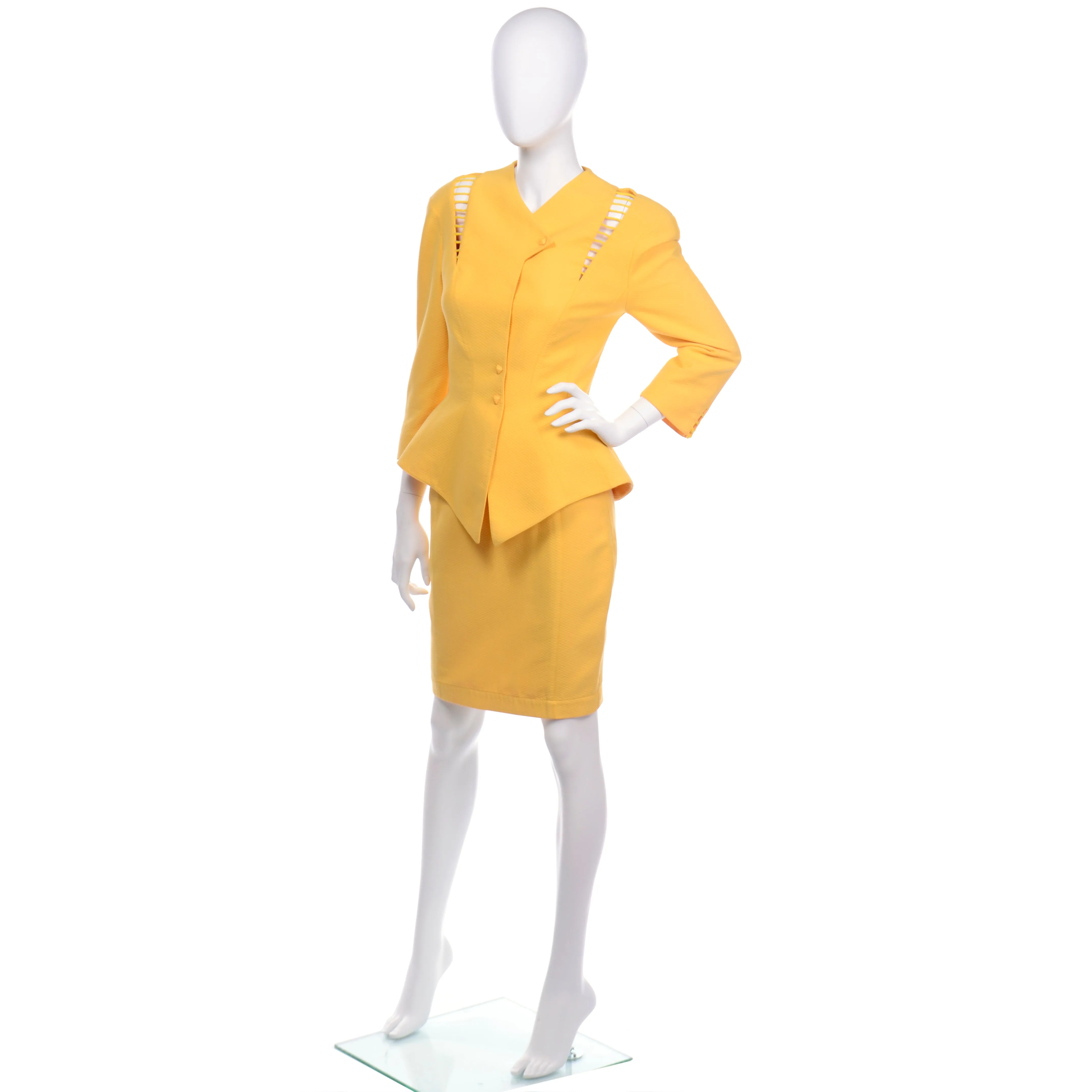 1980s Thierry Mugler Paris Vintage Yellow Skirt & Peplum Blazer Suit W/ Cutwork