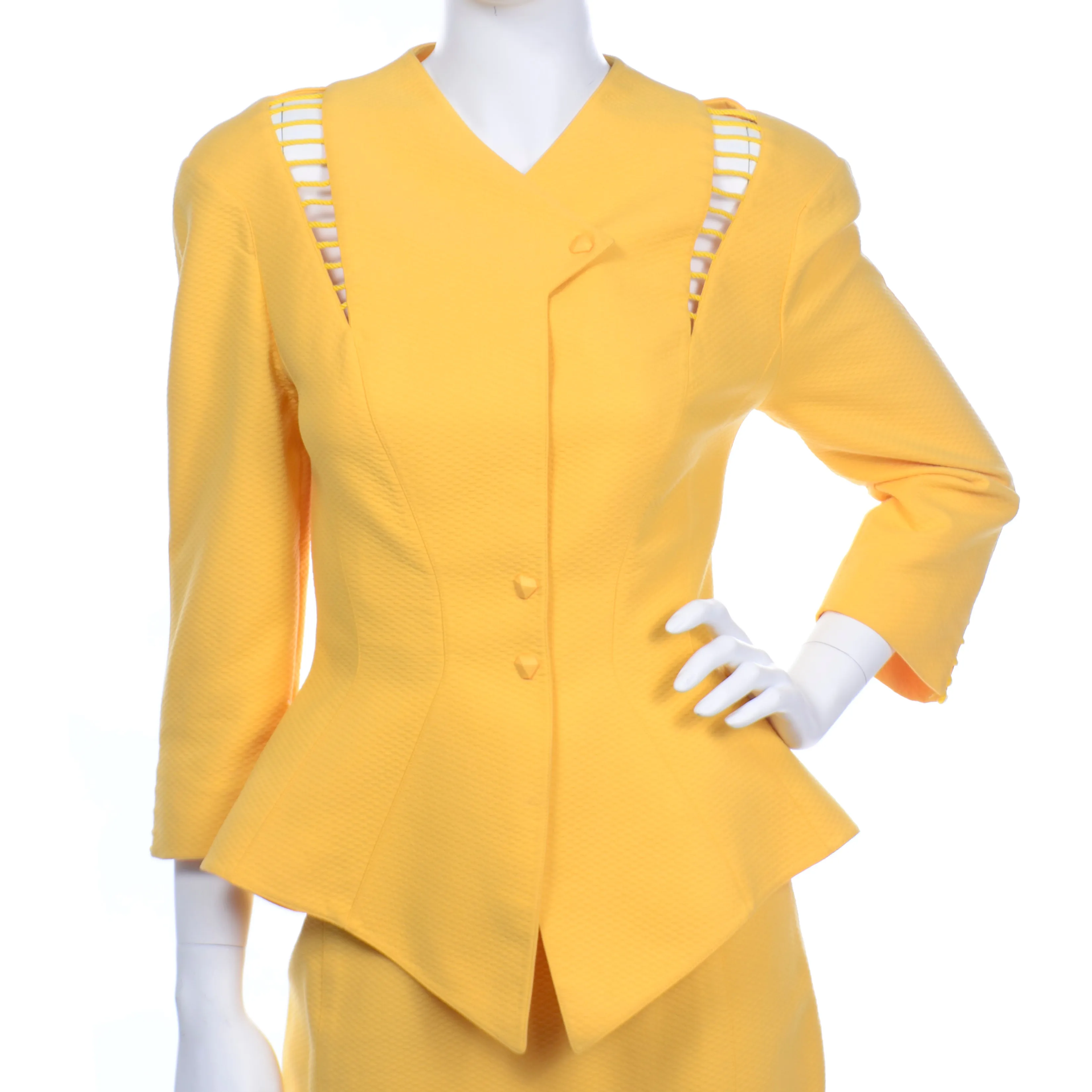 1980s Thierry Mugler Paris Vintage Yellow Skirt & Peplum Blazer Suit W/ Cutwork