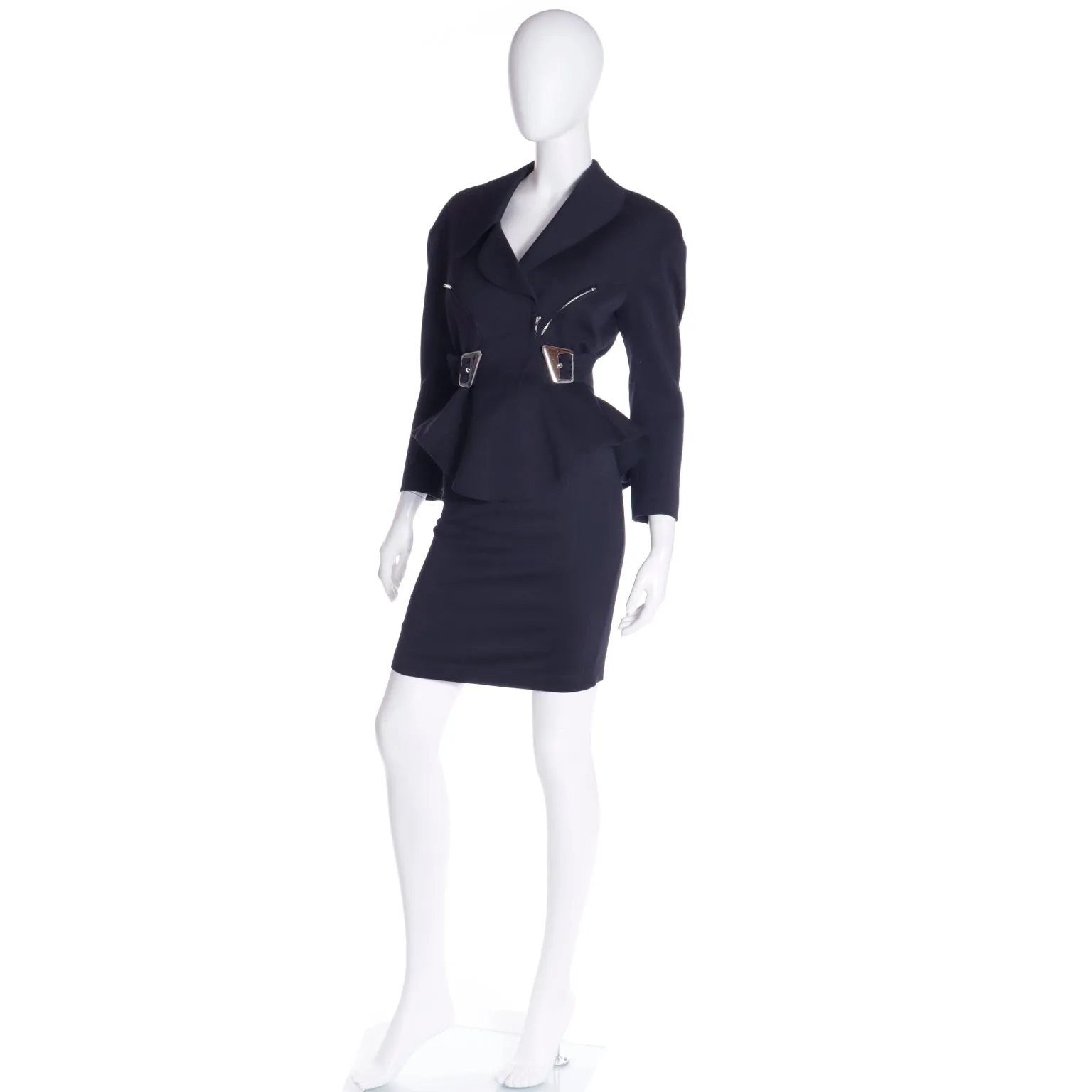 1990s Thierry Mugler 2pc Vintage Black Peplum Jacket & Skirt Suit