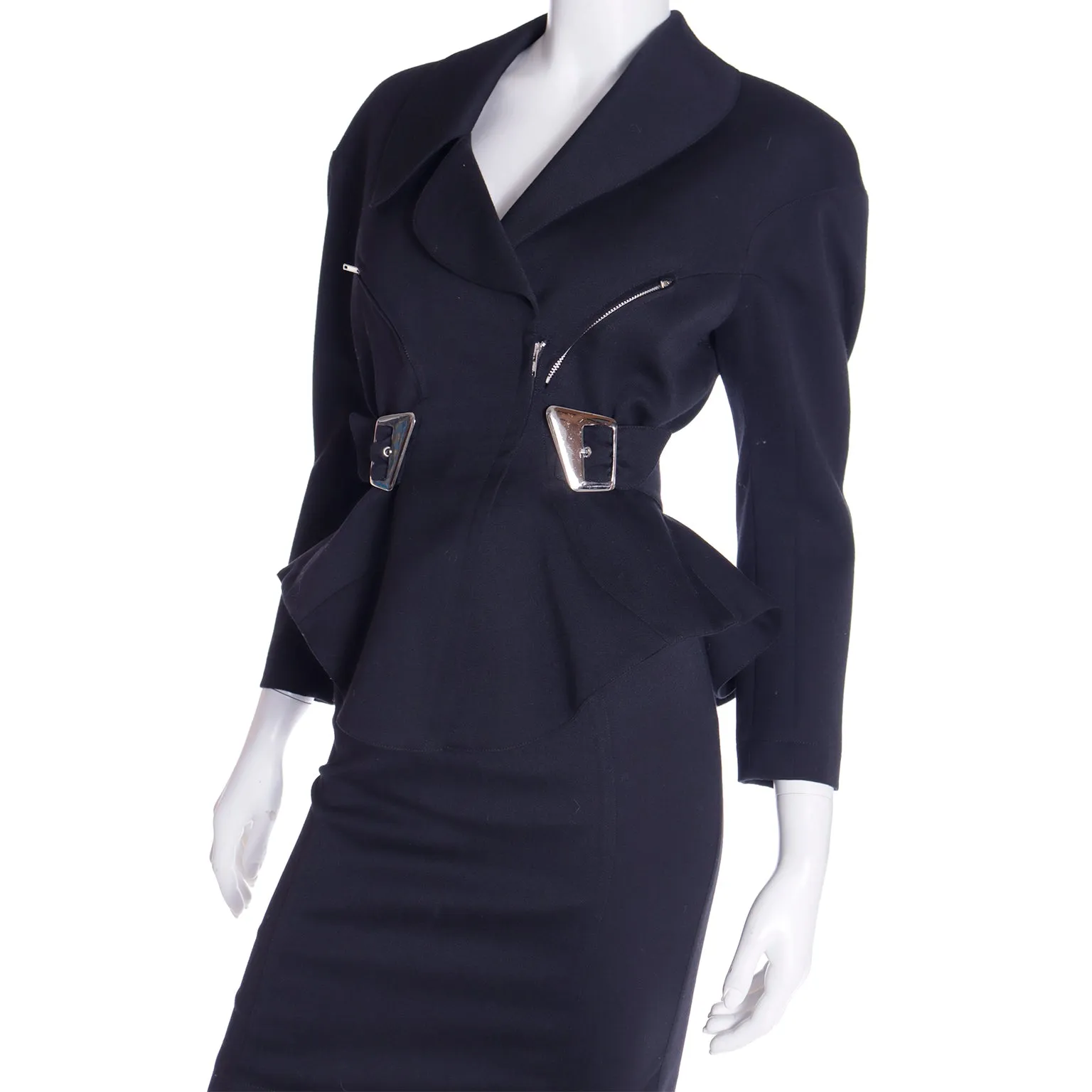 1990s Thierry Mugler 2pc Vintage Black Peplum Jacket & Skirt Suit