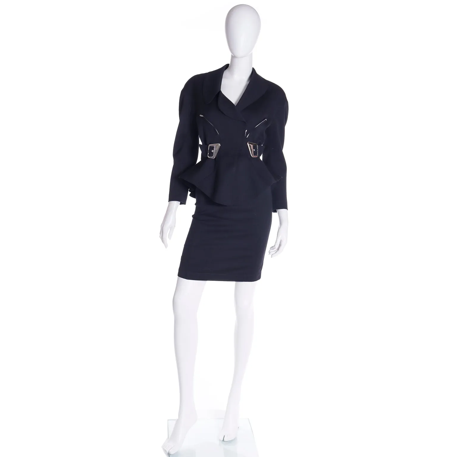 1990s Thierry Mugler 2pc Vintage Black Peplum Jacket & Skirt Suit