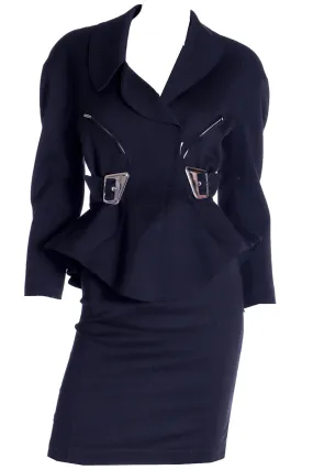 1990s Thierry Mugler 2pc Vintage Black Peplum Jacket & Skirt Suit