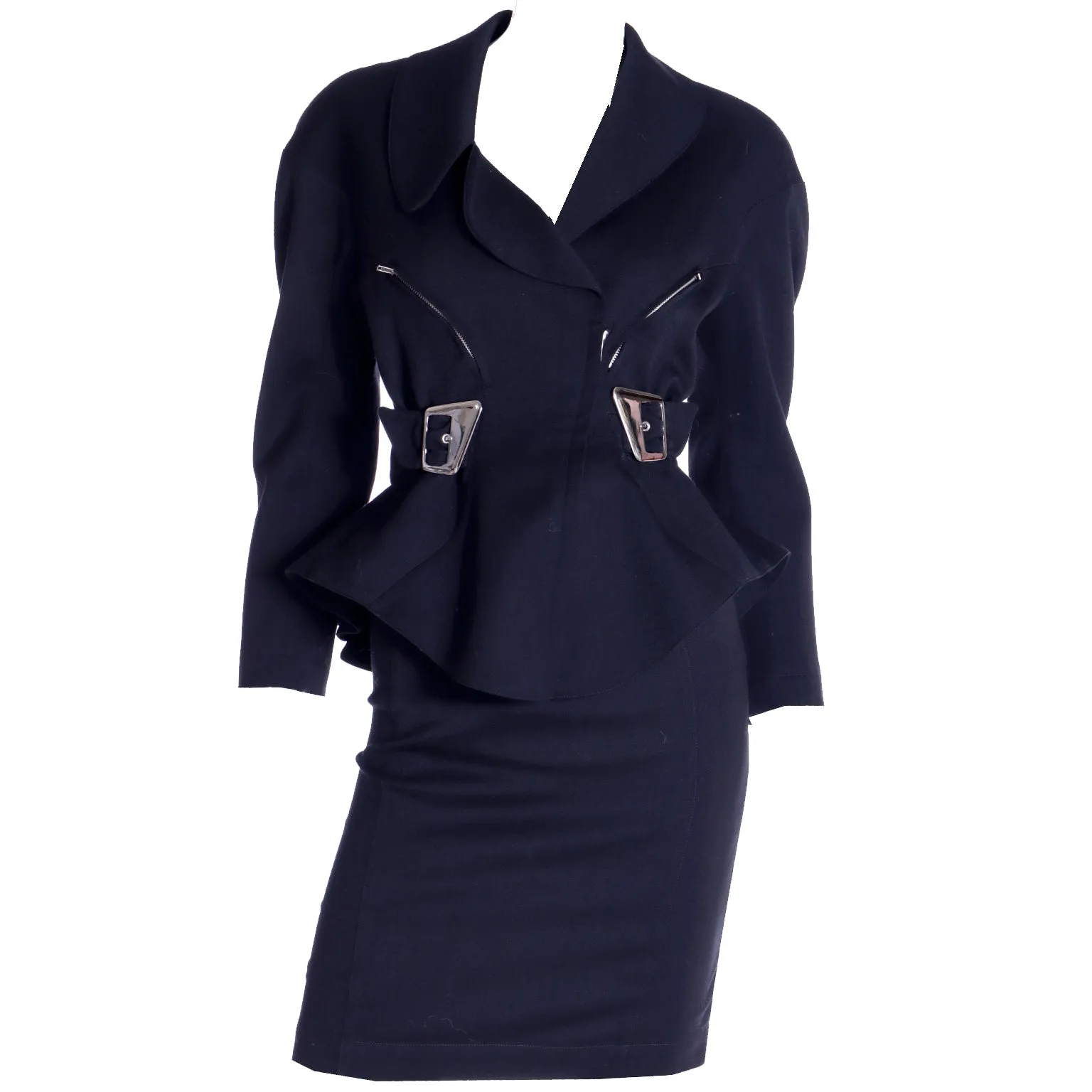 1990s Thierry Mugler 2pc Vintage Black Peplum Jacket & Skirt Suit