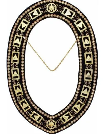 33rd Degree - Scottish Rite Rhinestone Chain Collar - Gold/Silver on Black   Free Case