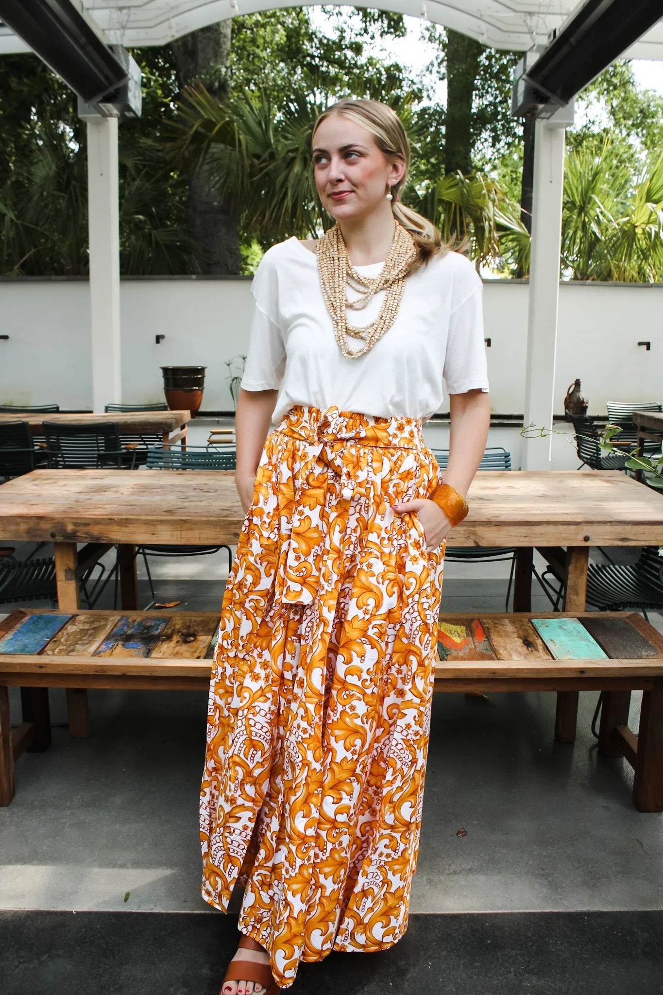 African Wax Cotton Skirt- Gold/ Floral
