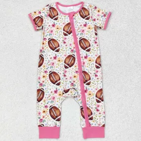 Baby Infant Girls Rompers Football Flowers Zip Short Sleeve Rompers SR1872