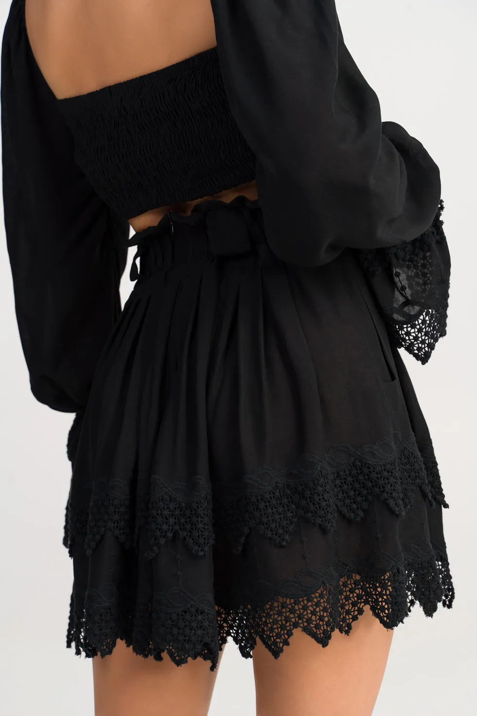 Bella  Black Ruffled broderie cotton-blend mini skirt