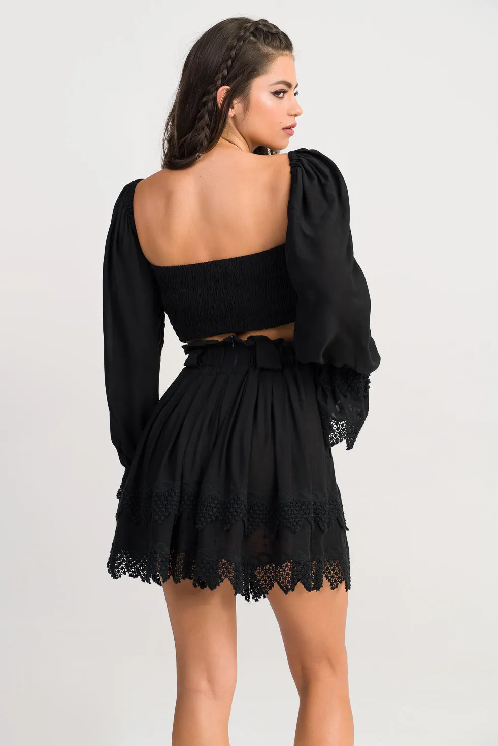 Bella  Black Ruffled broderie cotton-blend mini skirt