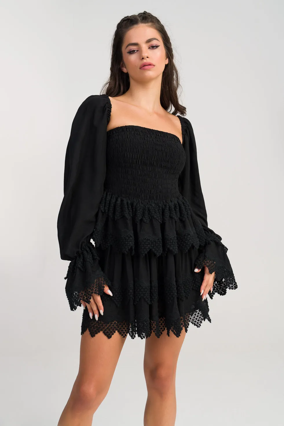 Bella  Black Ruffled broderie cotton-blend mini skirt