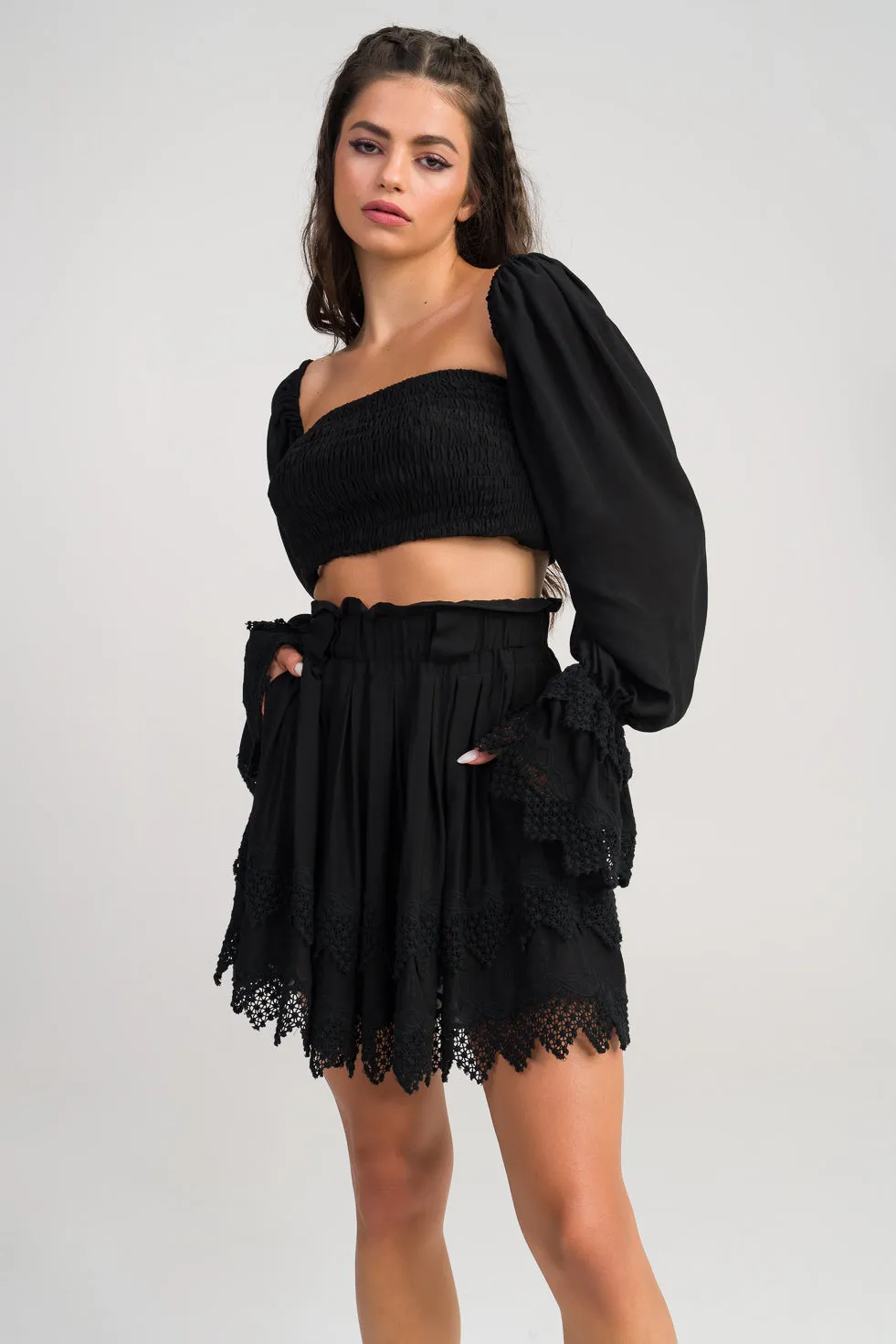 Bella  Black Ruffled broderie cotton-blend mini skirt