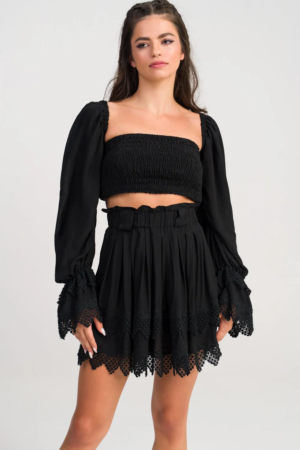 Bella  Black Ruffled broderie cotton-blend mini skirt