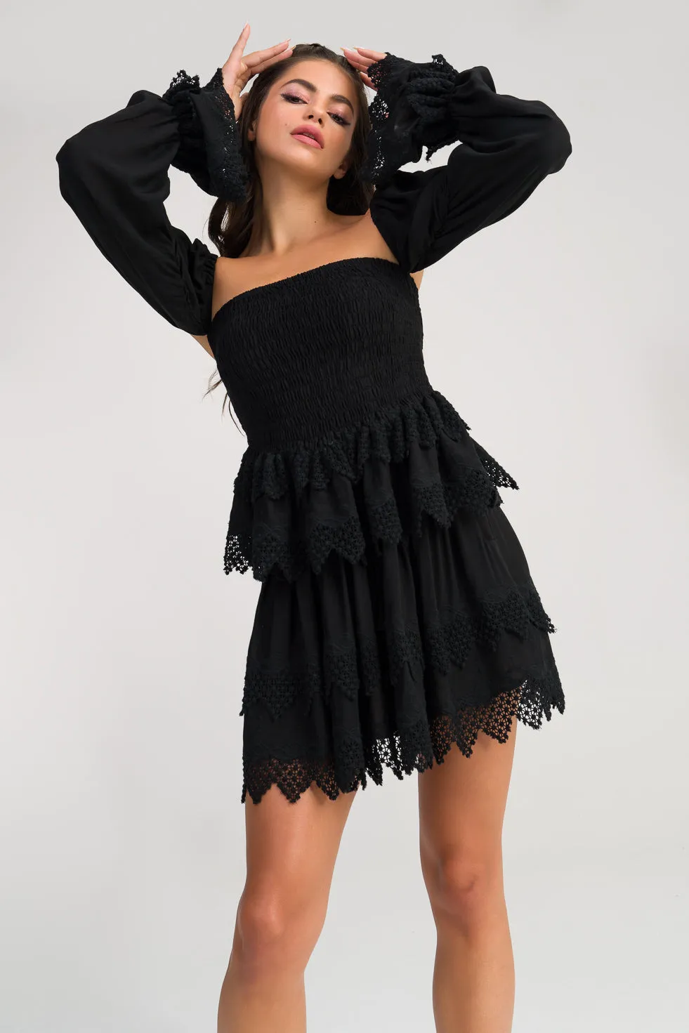 Bella  Black Ruffled broderie cotton-blend mini skirt