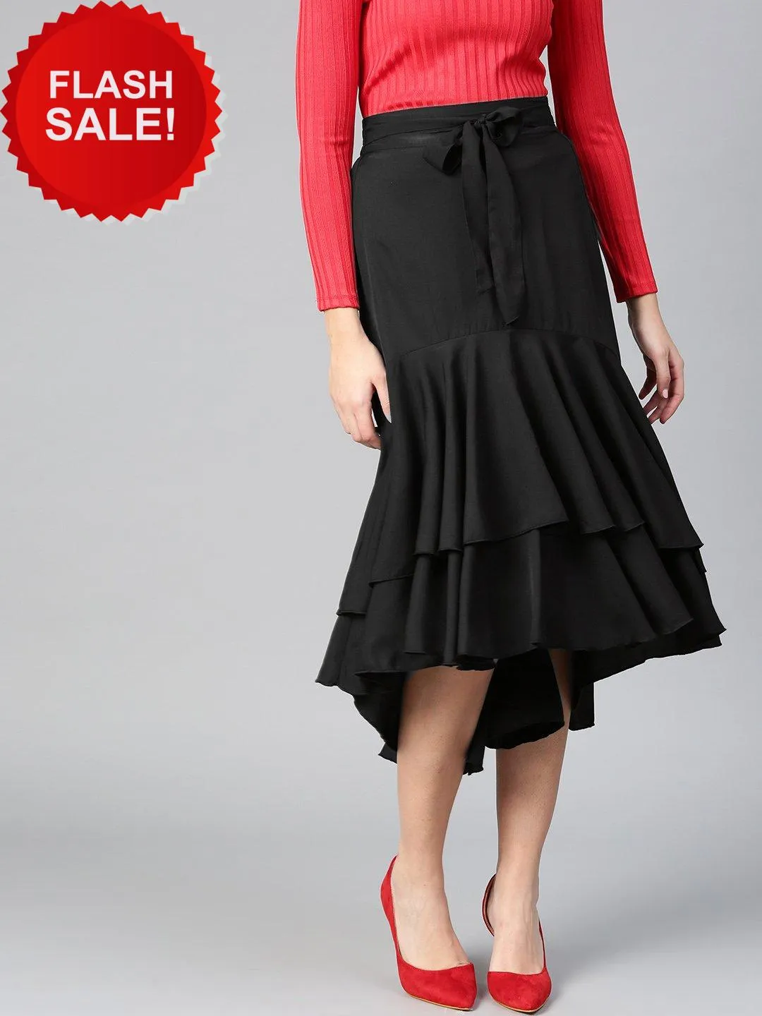 Black Crepe Long Ruffle High Low Skirt (Sku- BLMG12805)
