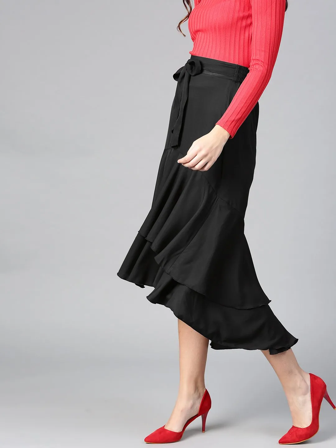 Black Crepe Long Ruffle High Low Skirt (Sku- BLMG12805)