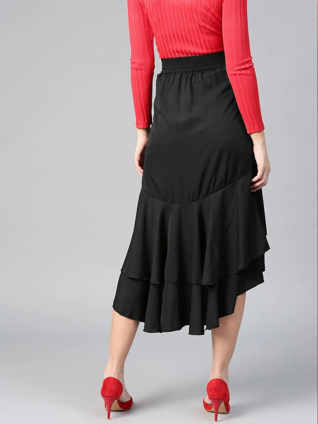 Black Crepe Long Ruffle High Low Skirt (Sku- BLMG12805)