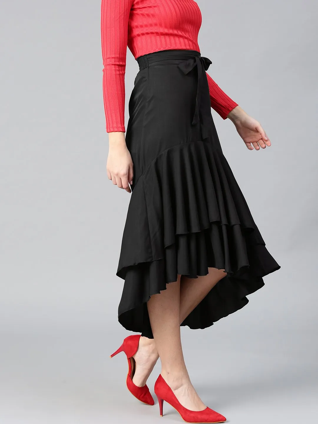 Black Crepe Long Ruffle High Low Skirt (Sku- BLMG12805)