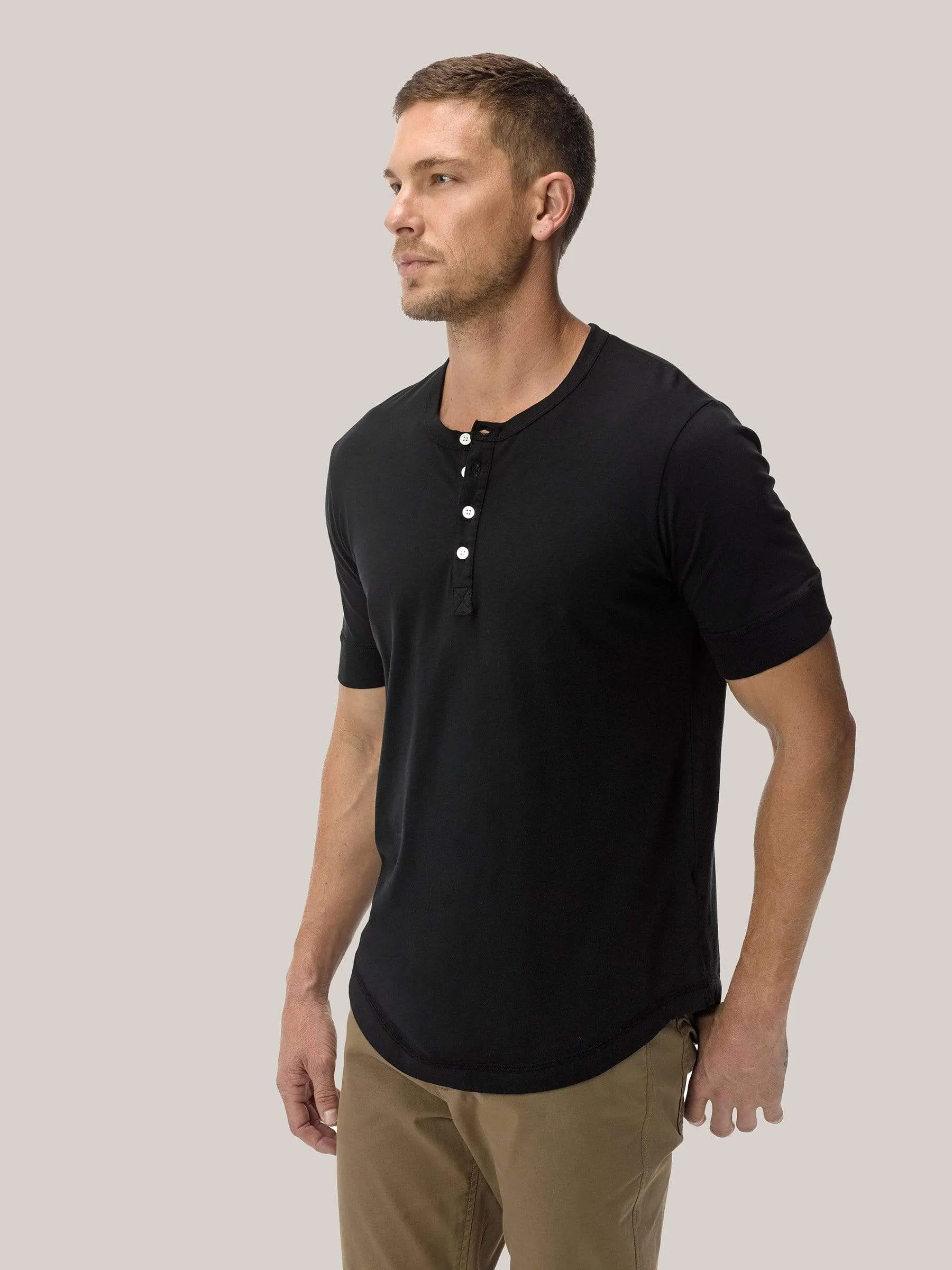 Black Pima Short Sleeve Curved Hem Henley