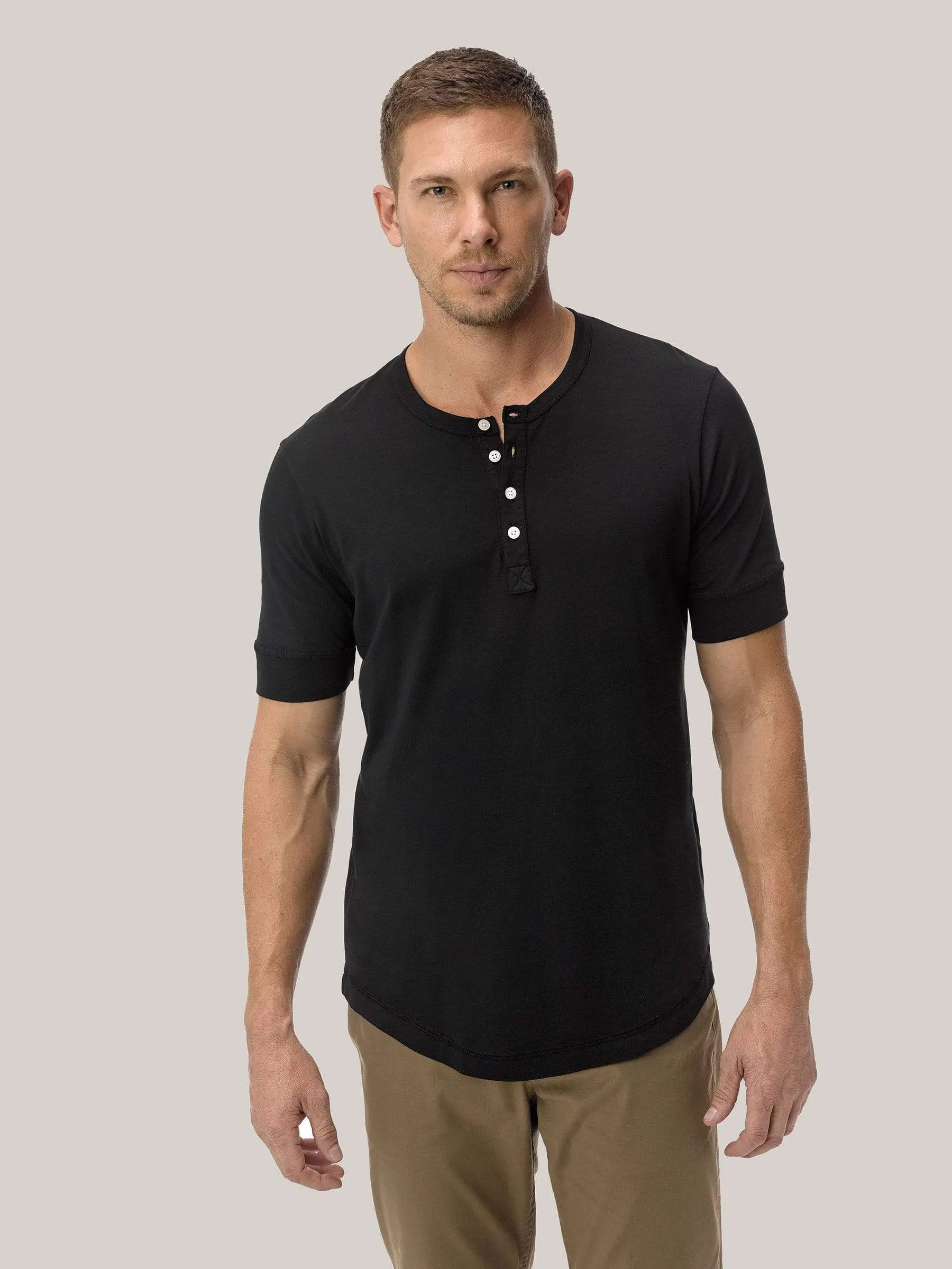 Black Pima Short Sleeve Curved Hem Henley