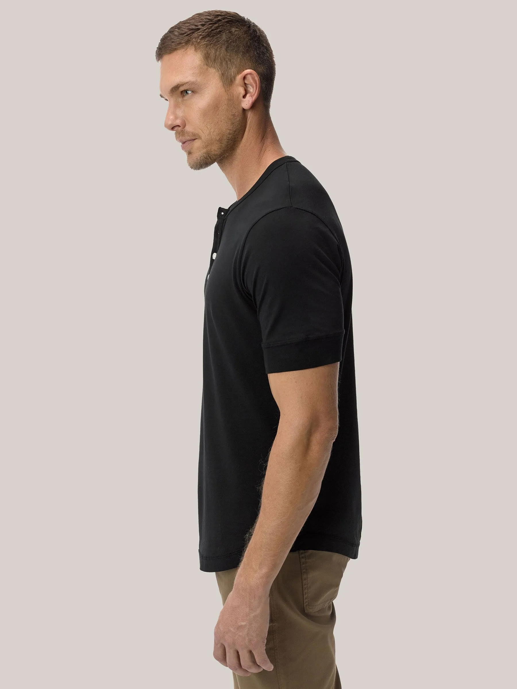 Black Pima Short Sleeve Curved Hem Henley