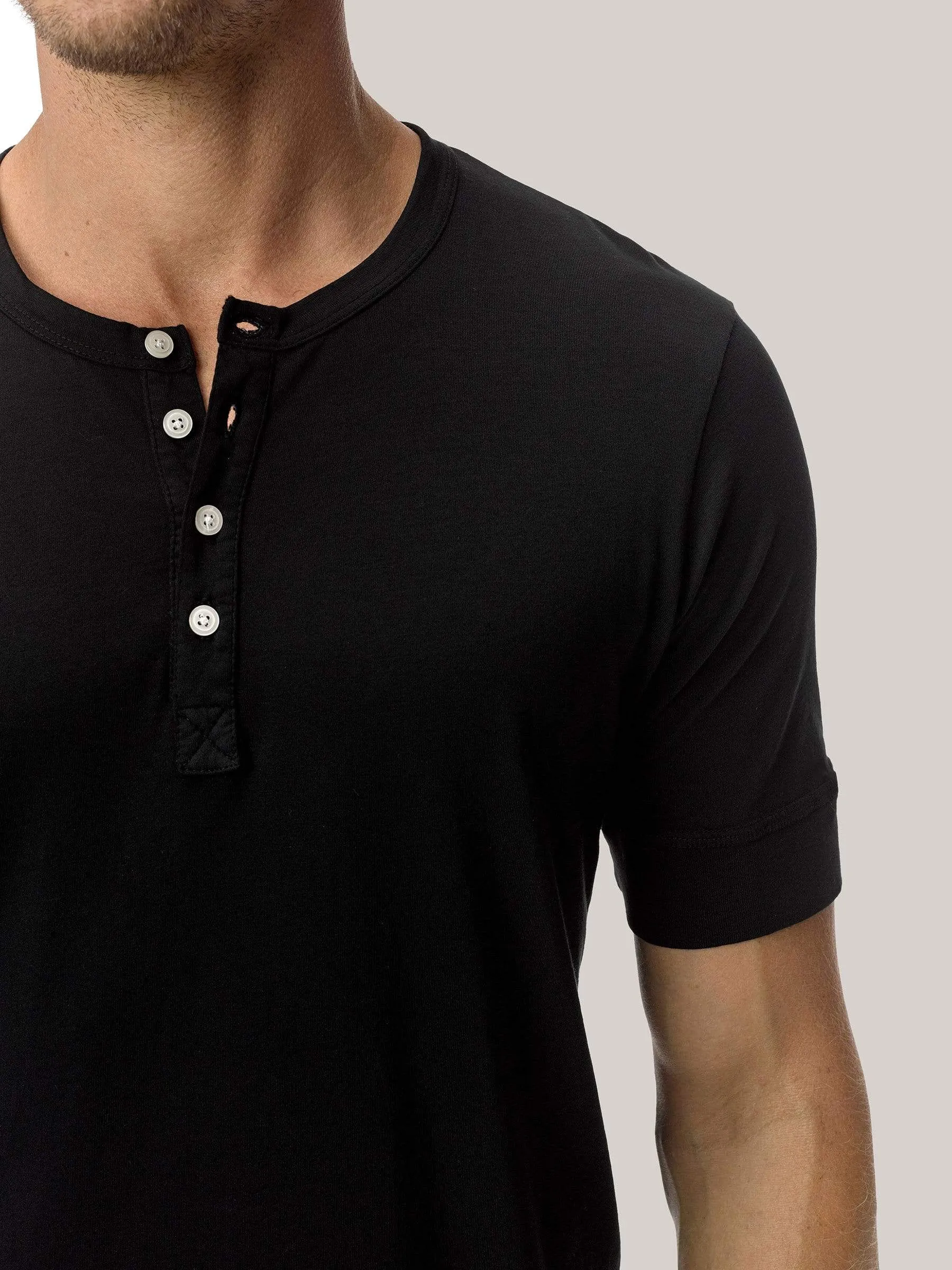 Black Pima Short Sleeve Curved Hem Henley