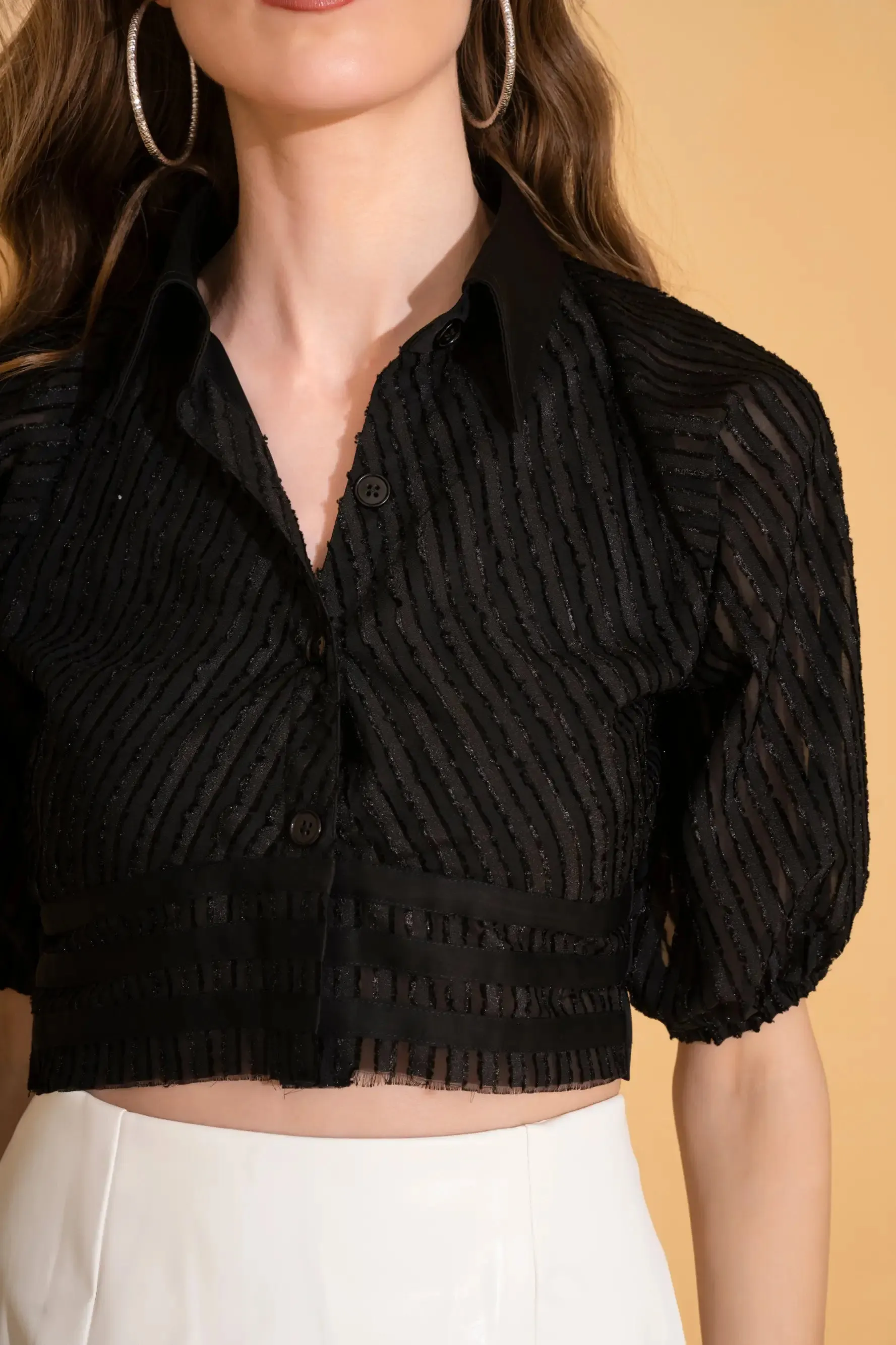 Black Puff Sleeve Crop Shirt