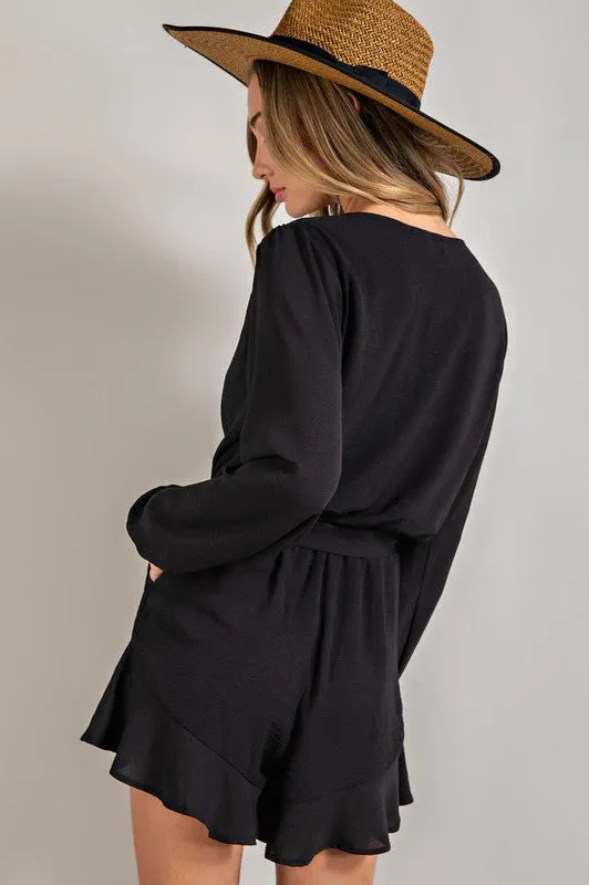 Black V-neck Waist Tie Romper