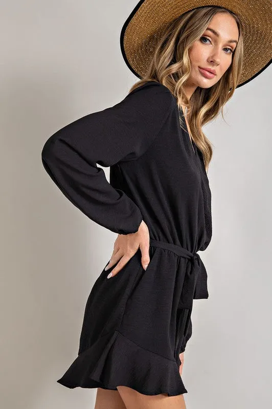 Black V-neck Waist Tie Romper