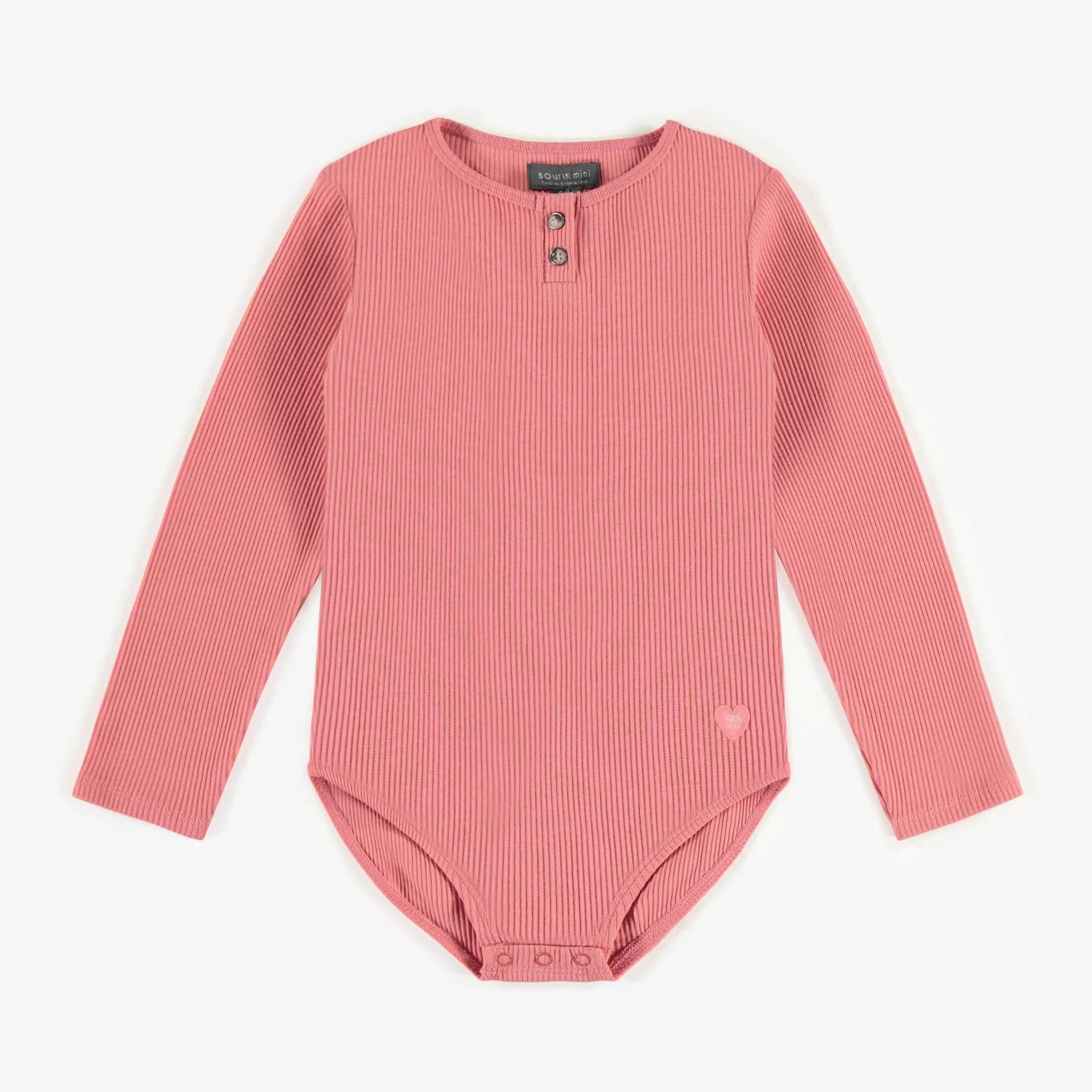 Body rose col henley en tricot côtelé irrégulier, enfant || Pink bodysuit with henley collar in irregular rib, child