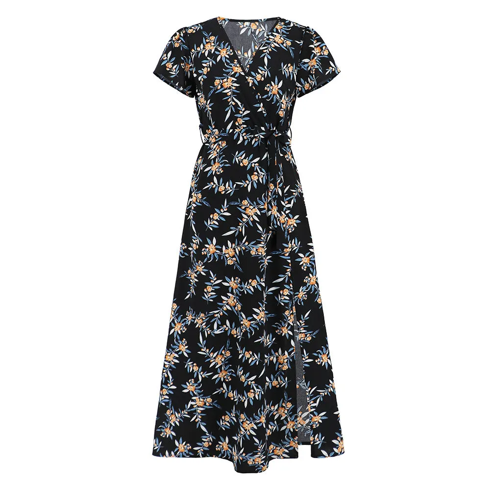 Boho V-neck Floral Print Top with Hemline Cutout Dress