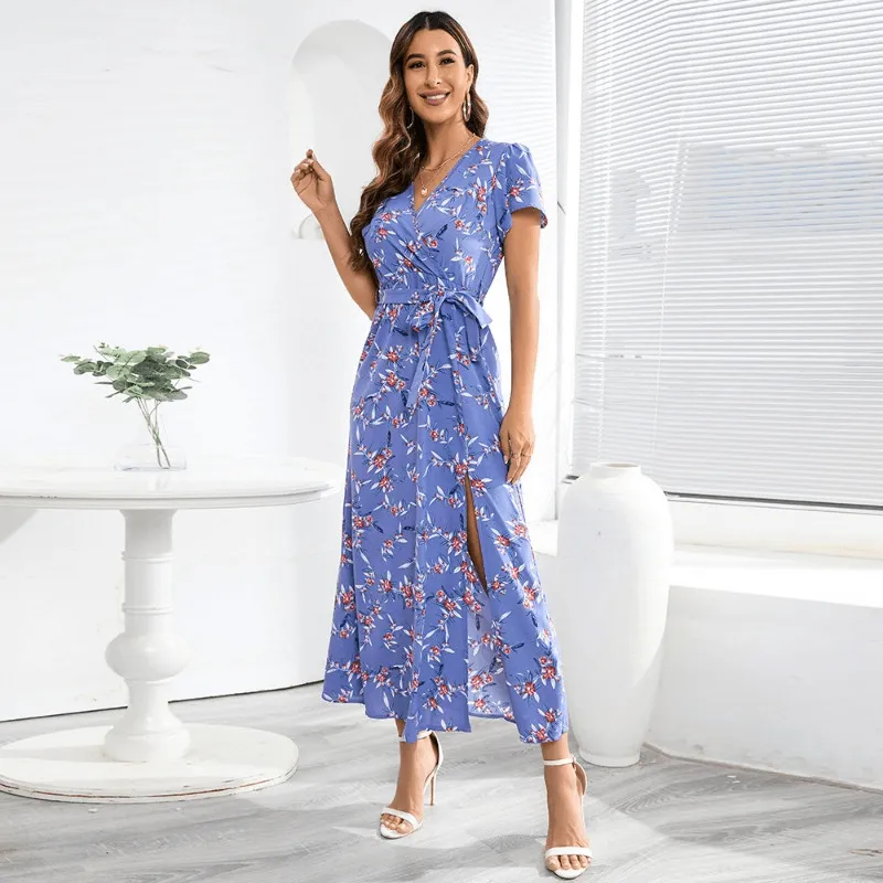 Boho V-neck Floral Print Top with Hemline Cutout Dress