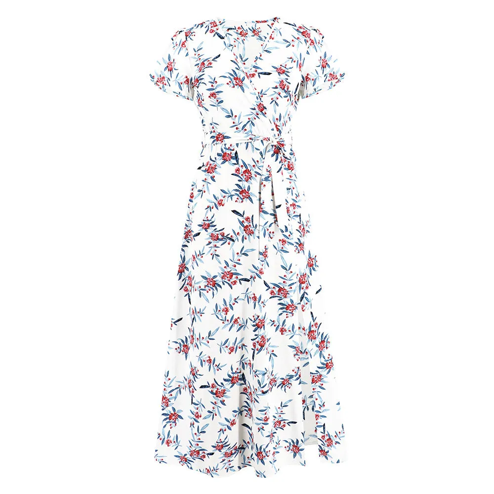 Boho V-neck Floral Print Top with Hemline Cutout Dress