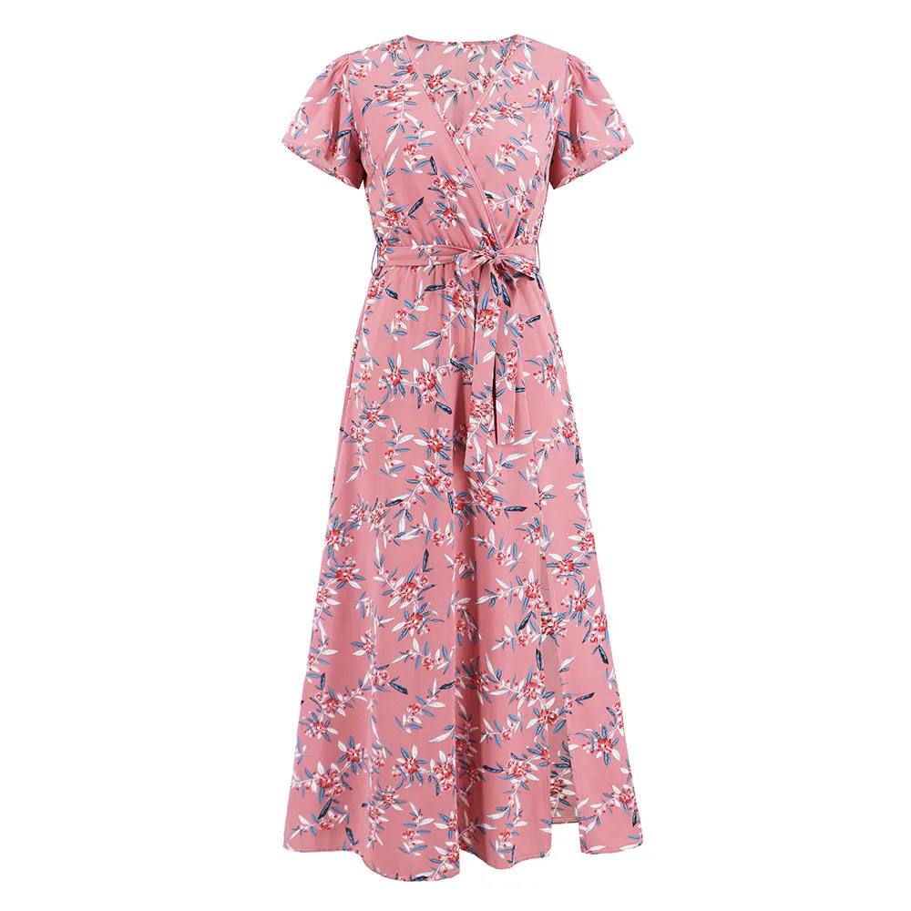 Boho V-neck Floral Print Top with Hemline Cutout Dress