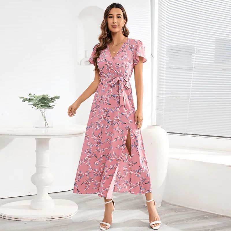 Boho V-neck Floral Print Top with Hemline Cutout Dress