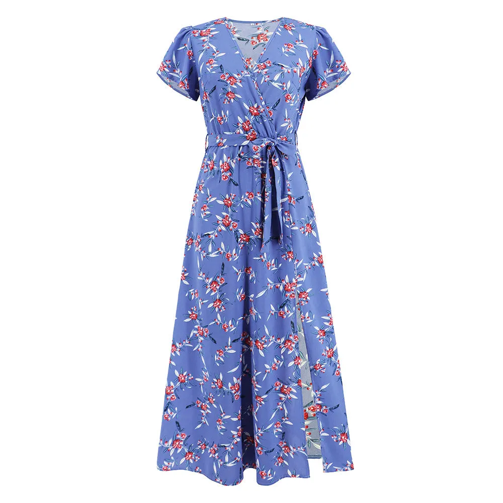 Boho V-neck Floral Print Top with Hemline Cutout Dress