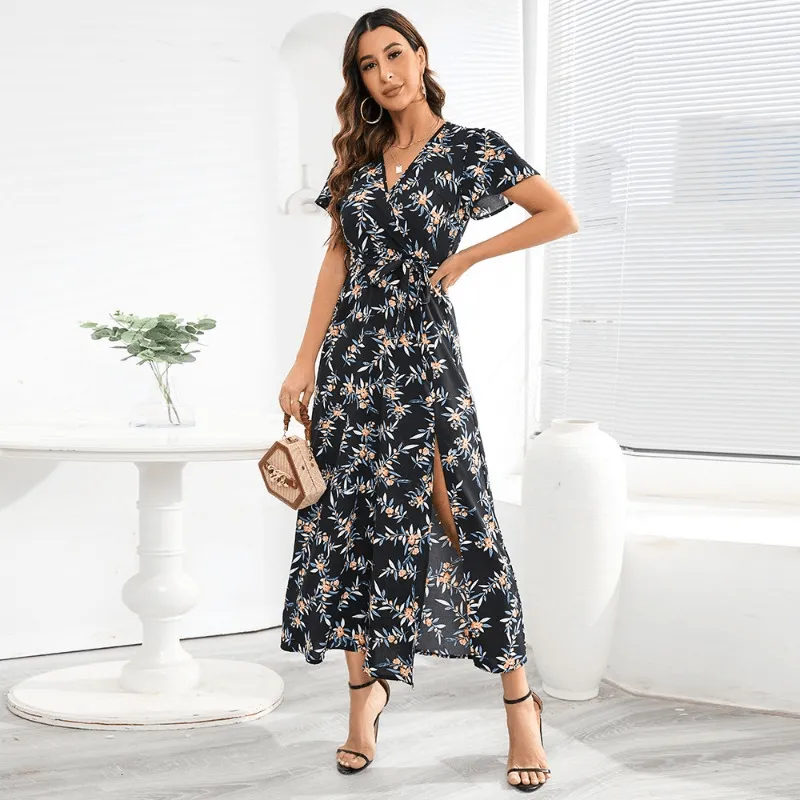 Boho V-neck Floral Print Top with Hemline Cutout Dress