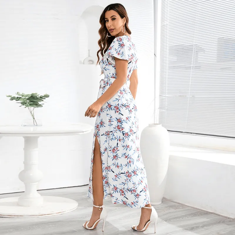 Boho V-neck Floral Print Top with Hemline Cutout Dress