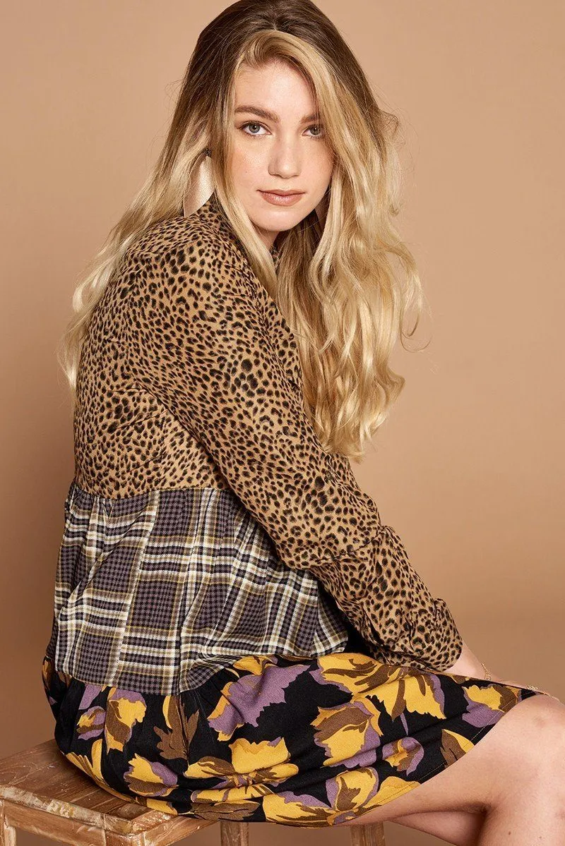 Brown Cheetah Print Button-down Collard Shirt Dress