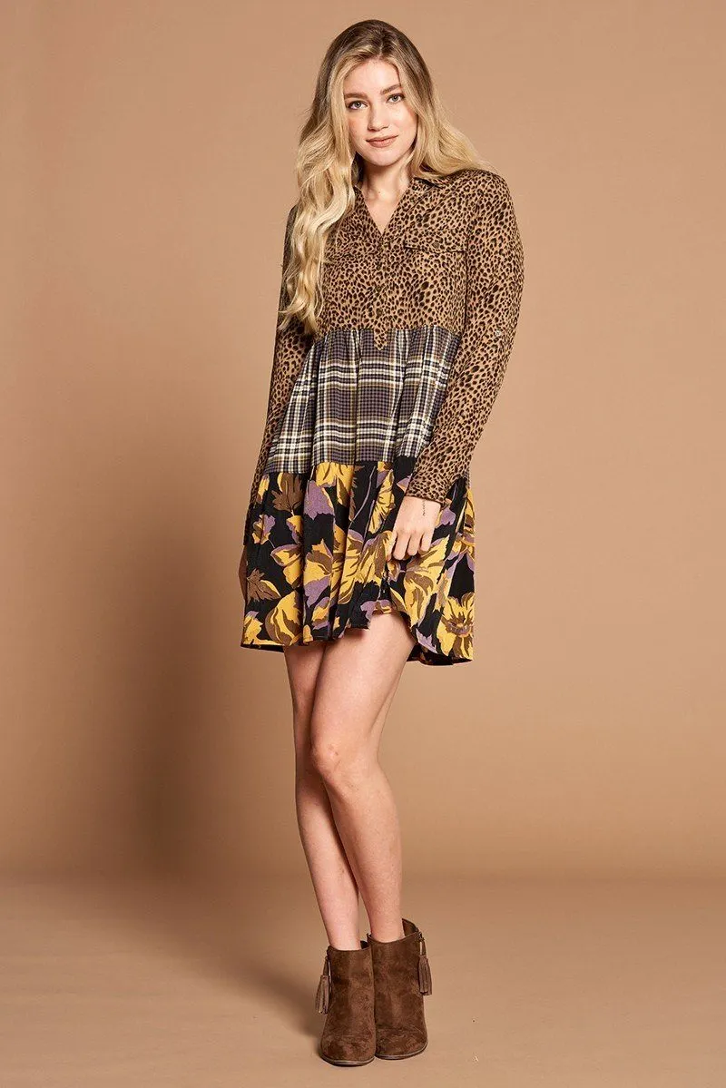 Brown Cheetah Print Button-down Collard Shirt Dress