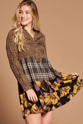Brown Cheetah Print Button-down Collard Shirt Dress