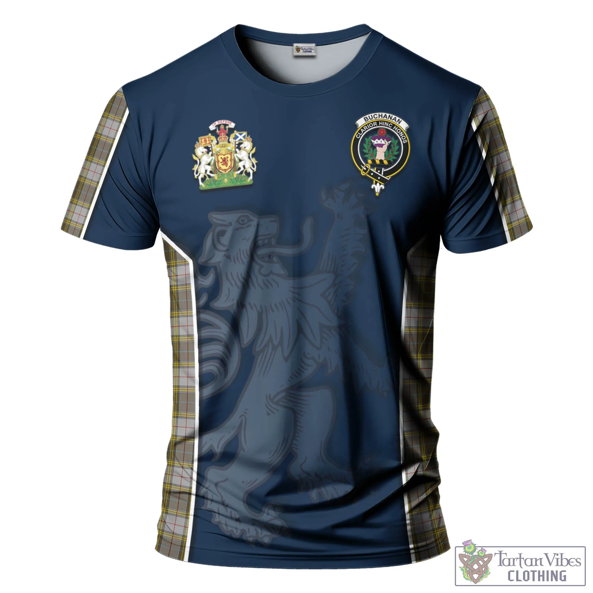 Buchanan Dress Tartan T-Shirt with Family Crest and Lion Rampant Vibes Sport Style