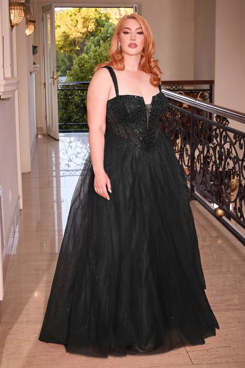 CD CD0217C - Plus Size Strapless Layered Tulle A-Line Prom Gown with Sequin Embellished Bodice & Lace Up Back