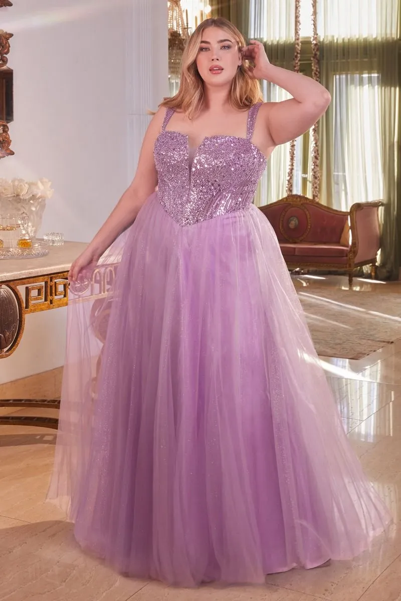 CD CD0217C - Plus Size Strapless Layered Tulle A-Line Prom Gown with Sequin Embellished Bodice & Lace Up Back