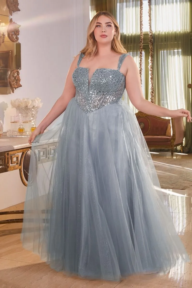 CD CD0217C - Plus Size Strapless Layered Tulle A-Line Prom Gown with Sequin Embellished Bodice & Lace Up Back