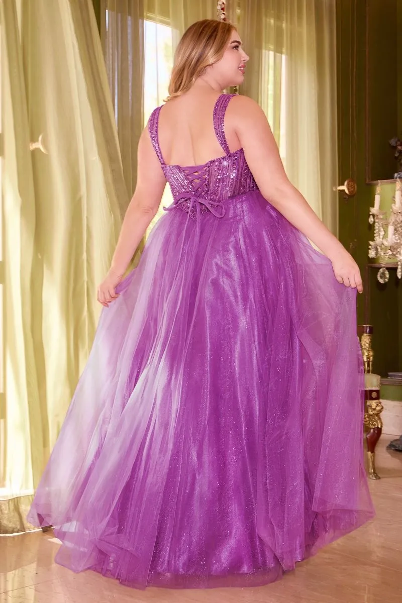 CD CD0217C - Plus Size Strapless Layered Tulle A-Line Prom Gown with Sequin Embellished Bodice & Lace Up Back
