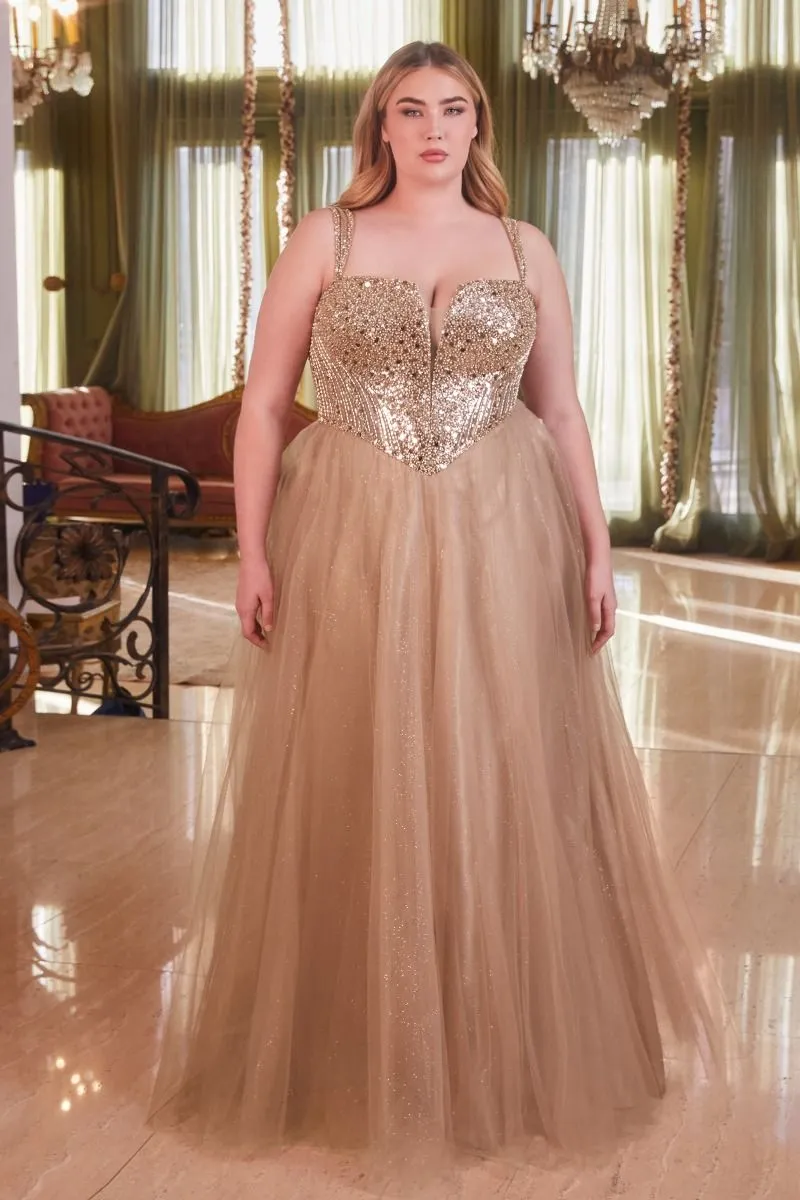 CD CD0217C - Plus Size Strapless Layered Tulle A-Line Prom Gown with Sequin Embellished Bodice & Lace Up Back