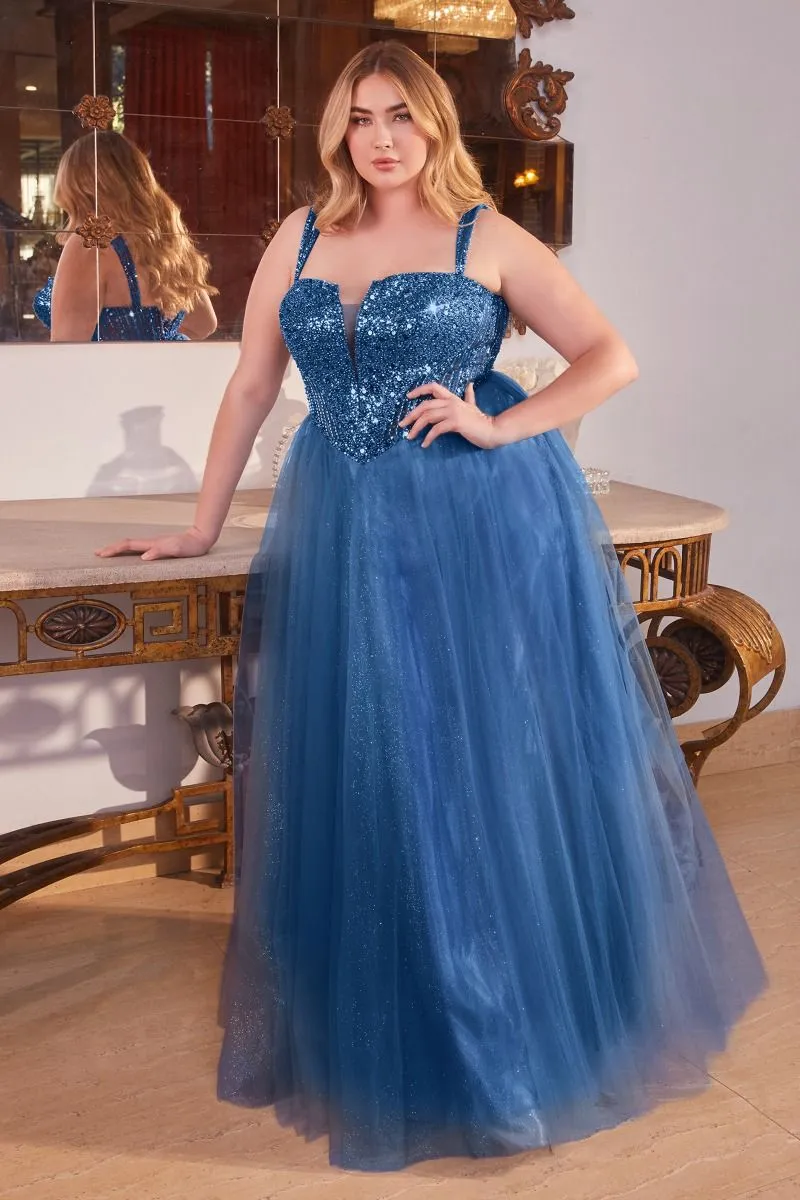 CD CD0217C - Plus Size Strapless Layered Tulle A-Line Prom Gown with Sequin Embellished Bodice & Lace Up Back